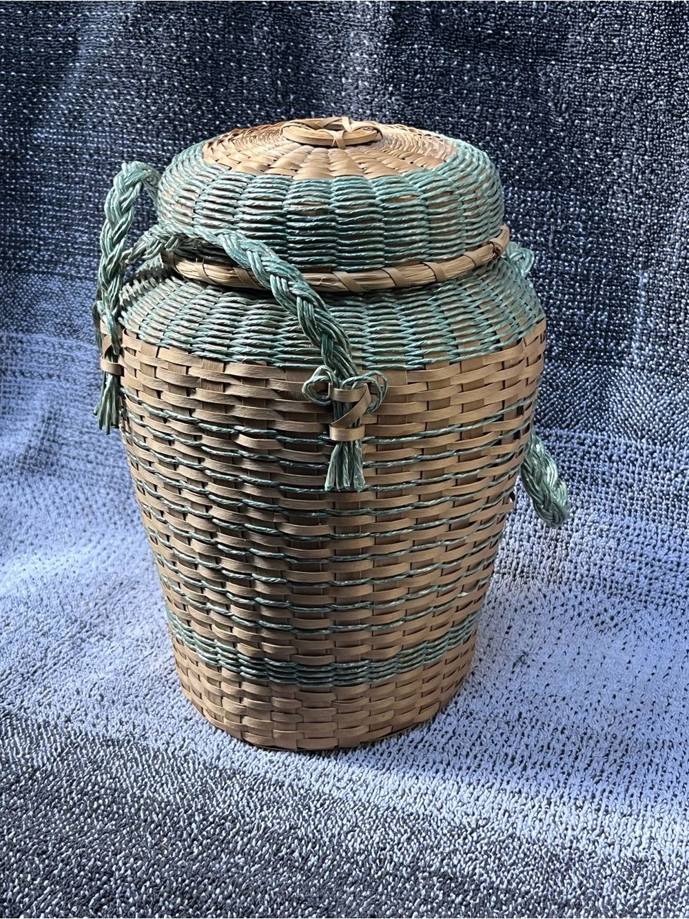 Natural and Teal Handwoven Wicker Storage Basket with Lid 10” Tall